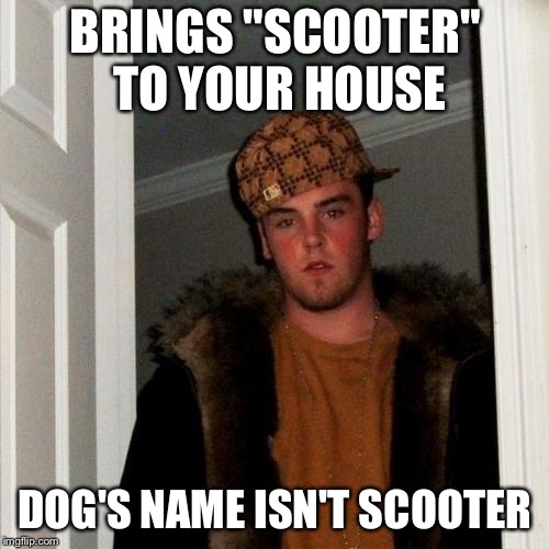 Scumbag Steve Meme | BRINGS "SCOOTER" TO YOUR HOUSE DOG'S NAME ISN'T SCOOTER | image tagged in memes,scumbag steve | made w/ Imgflip meme maker