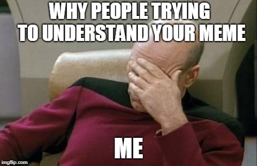 Captain Picard Facepalm Meme | WHY PEOPLE TRYING TO UNDERSTAND YOUR MEME; ME | image tagged in memes,captain picard facepalm | made w/ Imgflip meme maker