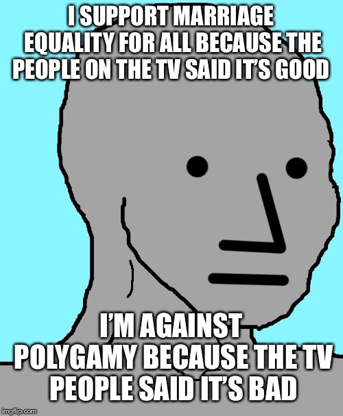NPC | I SUPPORT MARRIAGE EQUALITY FOR ALL BECAUSE THE PEOPLE ON THE TV SAID IT’S GOOD; I’M AGAINST POLYGAMY BECAUSE THE TV PEOPLE SAID IT’S BAD | image tagged in memes,npc | made w/ Imgflip meme maker