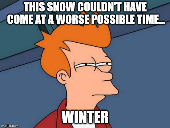 Futurama Fry | THIS SNOW COULDN'T HAVE COME AT A WORSE POSSIBLE TIME... WINTER | image tagged in memes,futurama fry | made w/ Imgflip meme maker