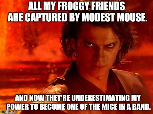 You Underestimate My Power Meme | ALL MY FROGGY FRIENDS ARE CAPTURED BY MODEST MOUSE. AND NOW THEY'RE UNDERESTIMATING MY POWER TO BECOME ONE OF THE MICE IN A BAND. | image tagged in memes,you underestimate my power | made w/ Imgflip meme maker
