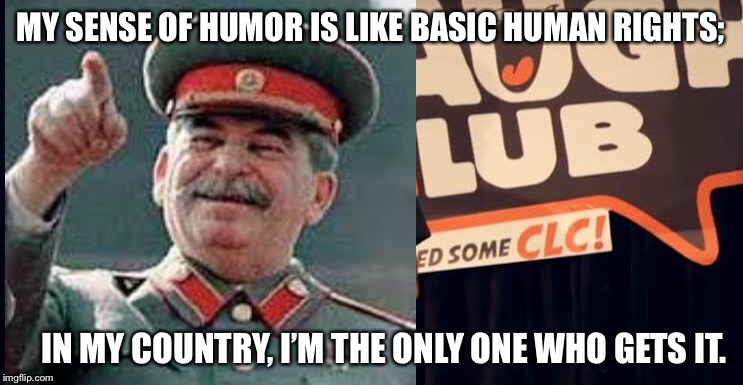 Stand Up Stalin | MY SENSE OF HUMOR IS LIKE BASIC HUMAN RIGHTS;; IN MY COUNTRY, I’M THE ONLY ONE WHO GETS IT. | image tagged in stand up stalin | made w/ Imgflip meme maker