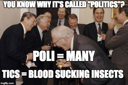 Laughing Men In Suits | YOU KNOW WHY IT'S CALLED "POLITICS"? POLI = MANY; TICS = BLOOD SUCKING INSECTS | image tagged in memes,laughing men in suits | made w/ Imgflip meme maker