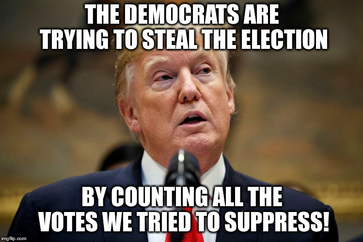 Don't Count the Votes! | THE DEMOCRATS ARE TRYING TO STEAL THE ELECTION; BY COUNTING ALL THE VOTES WE TRIED TO SUPPRESS! | image tagged in trump,humor,midterms,elections,voter suppression,satire | made w/ Imgflip meme maker