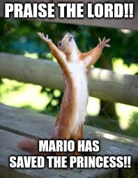 Praise Squirrel | PRAISE THE LORD!! MARIO HAS SAVED THE PRINCESS!! | image tagged in praise squirrel | made w/ Imgflip meme maker