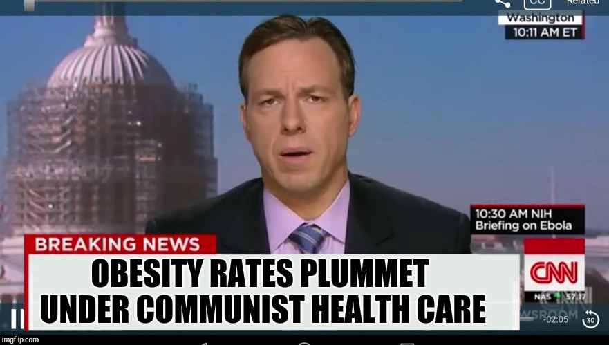 CNN spins headlines in the future | OBESITY RATES PLUMMET UNDER COMMUNIST HEALTH CARE | image tagged in cnn breaking news template,cnn spins trump news,cnn fake news,dieting | made w/ Imgflip meme maker