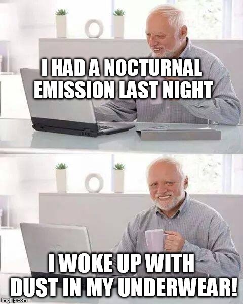 fun | I HAD A NOCTURNAL EMISSION LAST NIGHT; I WOKE UP WITH DUST IN MY UNDERWEAR! | image tagged in memes,hide the pain harold | made w/ Imgflip meme maker