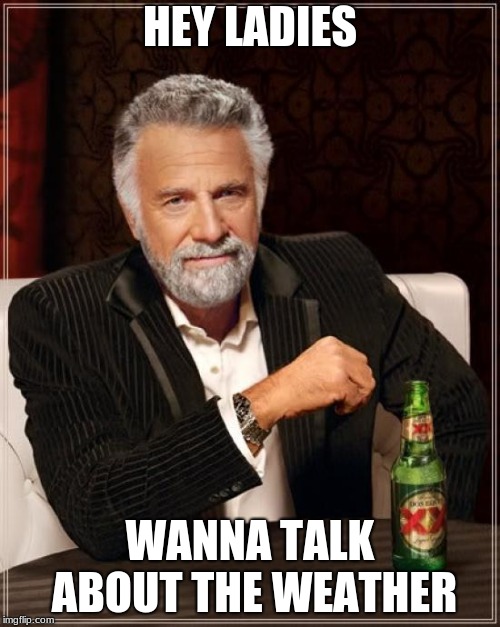 The Most Interesting Man In The World | HEY LADIES; WANNA TALK ABOUT THE WEATHER | image tagged in memes,the most interesting man in the world | made w/ Imgflip meme maker