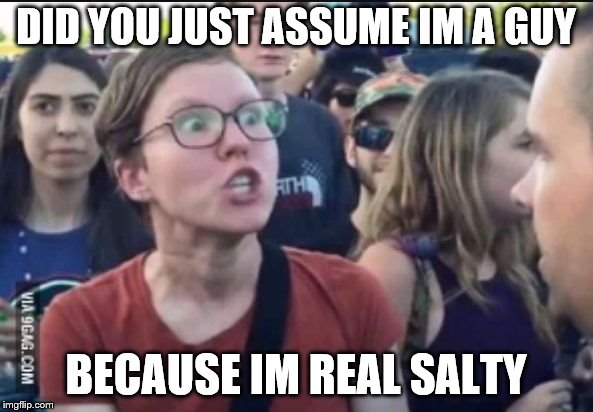 Femenist stereotype | DID YOU JUST ASSUME IM A GUY BECAUSE IM REAL SALTY | image tagged in femenist stereotype | made w/ Imgflip meme maker