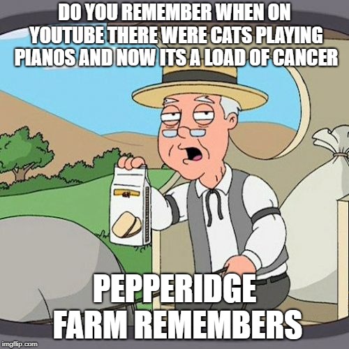 Pepperidge Farm Remembers | DO YOU REMEMBER WHEN ON YOUTUBE THERE WERE CATS PLAYING PIANOS AND NOW ITS A LOAD OF CANCER; PEPPERIDGE FARM REMEMBERS | image tagged in memes,pepperidge farm remembers | made w/ Imgflip meme maker