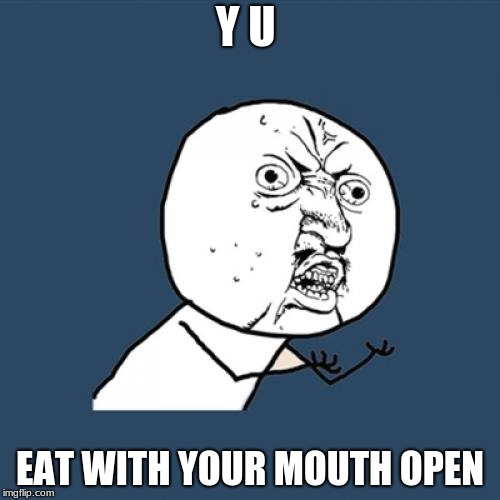 Y U No | Y U; EAT WITH YOUR MOUTH OPEN | image tagged in memes,y u no | made w/ Imgflip meme maker