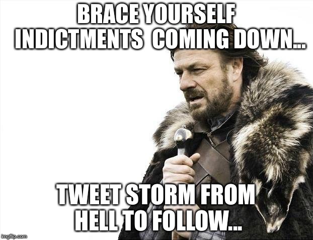 Brace Yourselves X is Coming Meme | BRACE YOURSELF 
INDICTMENTS  COMING DOWN... TWEET STORM FROM HELL TO FOLLOW... | image tagged in memes,brace yourselves x is coming | made w/ Imgflip meme maker