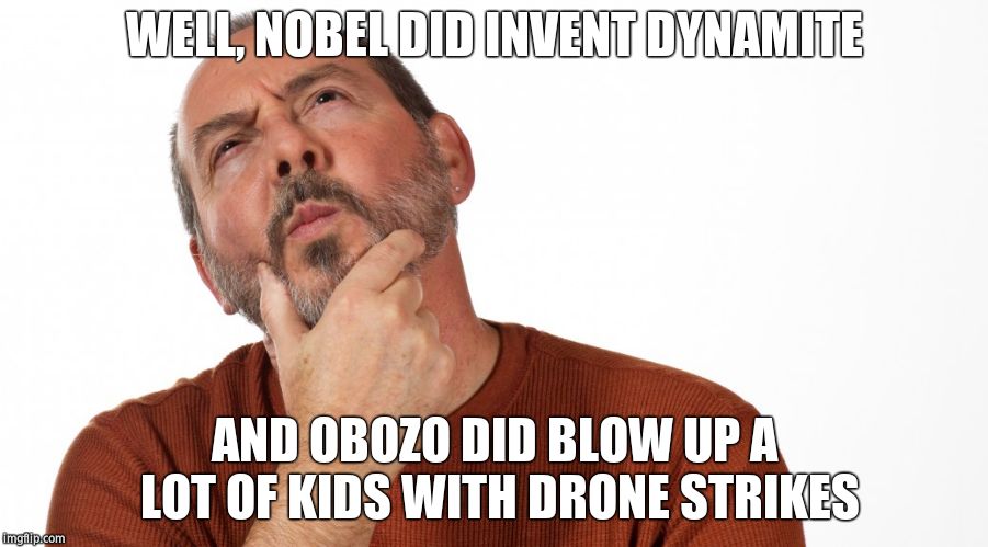 Hmmm | WELL, NOBEL DID INVENT DYNAMITE AND OBOZO DID BLOW UP A LOT OF KIDS WITH DRONE STRIKES | image tagged in hmmm | made w/ Imgflip meme maker