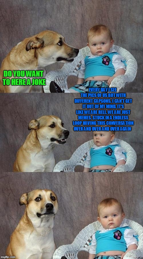 Dad Joke Dog | DO YOU WANT TO HERE A JOKE; EVERY DAY I SEE THE PICS OF US BUT WITH DIFFERENT CAPSONS.
I CAN'T GET IT OUT OF MY MIND.
IT'S LIKE WE ARE RELL. WE ARE JUST MEMES. STUCK IN A ENDLESS LOOP HAVING THIS CONVERSATION OVER AND OVER AND OVER AGAIN | image tagged in memes,dad joke dog | made w/ Imgflip meme maker