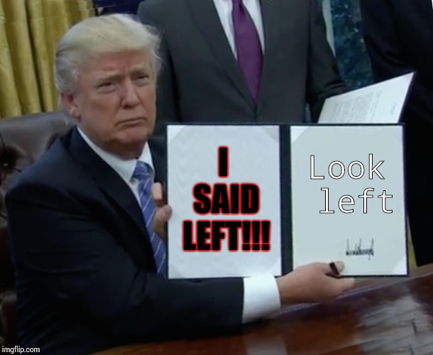 Trump Bill Signing Meme | I SAID LEFT!!! Look left | image tagged in memes,trump bill signing | made w/ Imgflip meme maker
