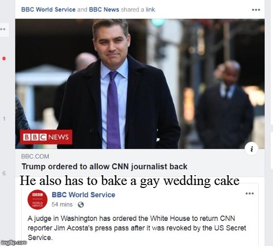 CNN Acosta | He also has to bake a gay wedding cake | image tagged in judicial activism,trump,cnn,wedding cake | made w/ Imgflip meme maker