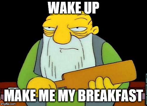 make me my breakfast | WAKE UP; MAKE ME MY BREAKFAST | image tagged in memes,that's a paddlin' | made w/ Imgflip meme maker