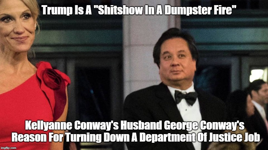 Kellyanne Conway's Husband George Says Trump Is A "Shitshow In A Dumpster Fire." | Trump Is A "Shitshow In A Dumpster Fire"; Kellyanne Conway's Husband George Conway's Reason For Turning Down A Department Of Justice Job | image tagged in trump,devious donald,kellyanne conway,deplorable donald,despicable donald,dishonorable donald | made w/ Imgflip meme maker