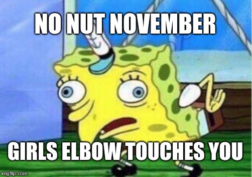 Mocking Spongebob Meme | NO NUT NOVEMBER; GIRLS ELBOW TOUCHES YOU | image tagged in memes,mocking spongebob | made w/ Imgflip meme maker