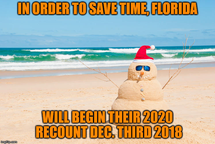 Happy Holidays From Florida | IN ORDER TO SAVE TIME, FLORIDA; WILL BEGIN THEIR 2020 RECOUNT DEC. THIRD 2018 | image tagged in happy holidays from florida | made w/ Imgflip meme maker