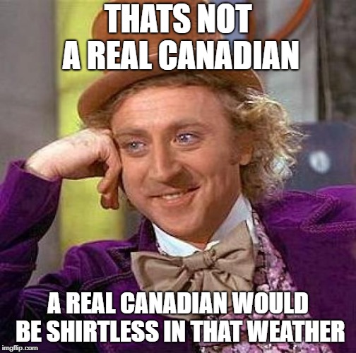 Creepy Condescending Wonka Meme | THATS NOT A REAL CANADIAN A REAL CANADIAN WOULD BE SHIRTLESS IN THAT WEATHER | image tagged in memes,creepy condescending wonka | made w/ Imgflip meme maker