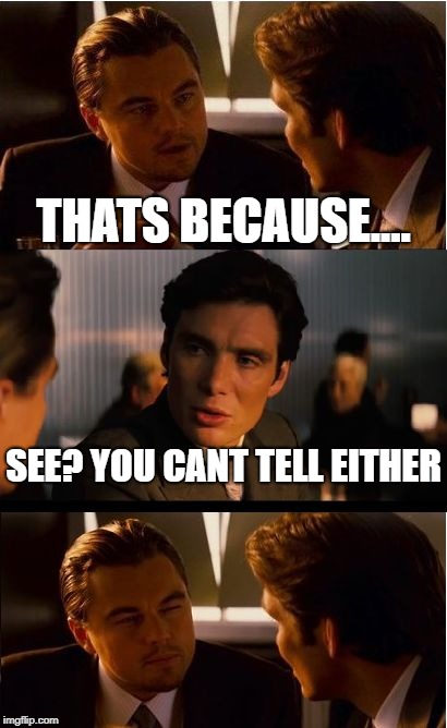 Inception Meme | THATS BECAUSE.... SEE? YOU CANT TELL EITHER | image tagged in memes,inception | made w/ Imgflip meme maker