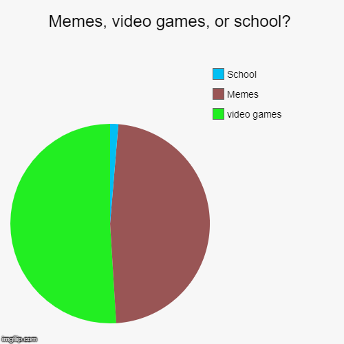 Memes, video games, or school? | video games, Memes, School | image tagged in funny,pie charts | made w/ Imgflip chart maker