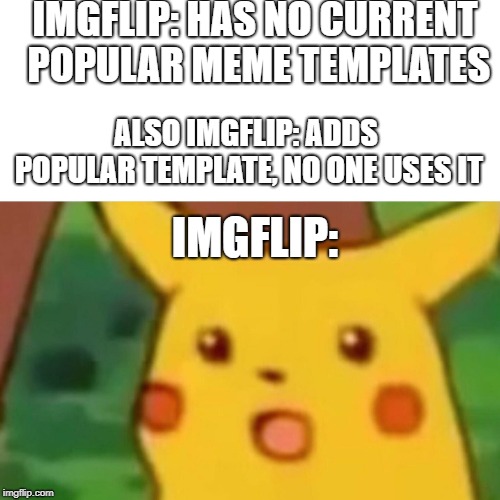 Why has no one taken this opportunity?  | IMGFLIP: HAS NO CURRENT POPULAR MEME TEMPLATES; ALSO IMGFLIP: ADDS POPULAR TEMPLATE, NO ONE USES IT; IMGFLIP: | image tagged in memes,surprised pikachu,secret tag,funny,meanwhile on imgflip,pikachu | made w/ Imgflip meme maker