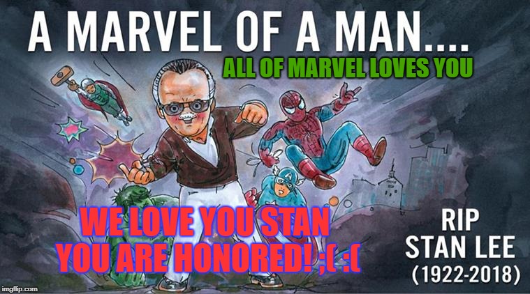 (Stan lee memorial imgflip)REPOST IF YOU HONOR HIM! | ALL OF MARVEL LOVES YOU; WE LOVE YOU STAN YOU ARE HONORED! ;( :( | image tagged in repost,stan lee | made w/ Imgflip meme maker