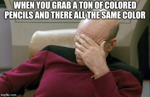Captain Picard Facepalm Meme | WHEN YOU GRAB A TON OF COLORED PENCILS AND THERE ALL THE SAME COLOR | image tagged in memes,captain picard facepalm | made w/ Imgflip meme maker