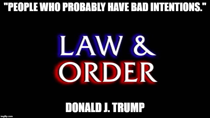 law and order | "PEOPLE WHO PROBABLY HAVE BAD INTENTIONS."; DONALD J. TRUMP | image tagged in law and order | made w/ Imgflip meme maker