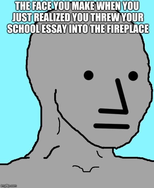 NPC | THE FACE YOU MAKE WHEN YOU JUST REALIZED YOU THREW YOUR SCHOOL ESSAY INTO THE FIREPLACE | image tagged in memes,npc | made w/ Imgflip meme maker