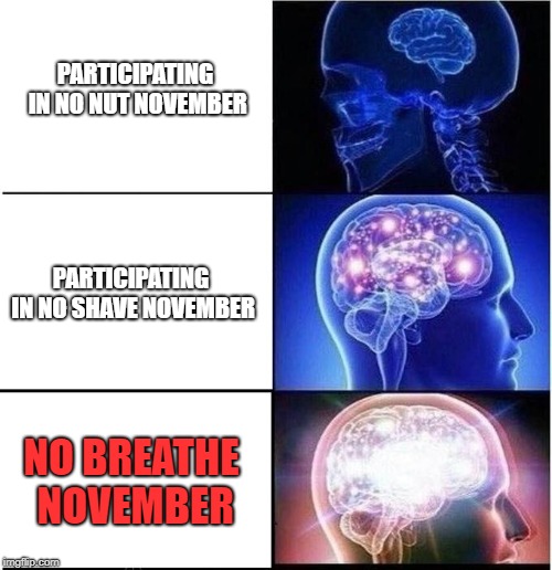 November Challenges | PARTICIPATING IN NO NUT NOVEMBER; PARTICIPATING IN NO SHAVE NOVEMBER; NO BREATHE NOVEMBER | image tagged in expanding brain,no nut november,no shave november,breathe | made w/ Imgflip meme maker