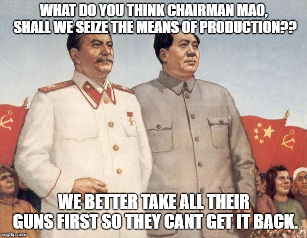 Stalin and Mao | WHAT DO YOU THINK CHAIRMAN MAO, SHALL WE SEIZE THE MEANS OF PRODUCTION?? WE BETTER TAKE ALL THEIR GUNS FIRST SO THEY CANT GET IT BACK. | image tagged in stalin and mao | made w/ Imgflip meme maker