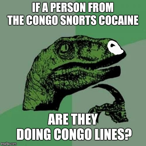 I'm asking for a friend  | IF A PERSON FROM THE CONGO SNORTS COCAINE; ARE THEY DOING CONGO LINES? | image tagged in memes,funny,philosoraptor,cocaine,congo,conga lines | made w/ Imgflip meme maker