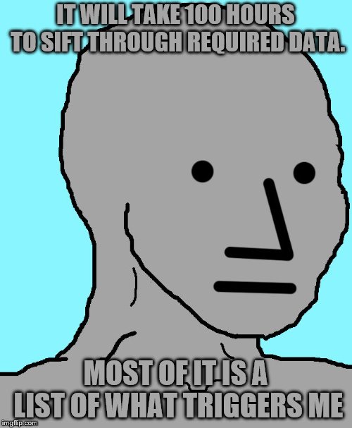 NPC Meme | IT WILL TAKE 100 HOURS TO SIFT THROUGH REQUIRED DATA. MOST OF IT IS A LIST OF WHAT TRIGGERS ME | image tagged in memes,npc | made w/ Imgflip meme maker