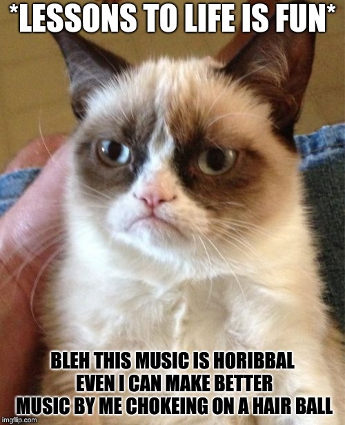 Grumpy Cat | *LESSONS TO LIFE IS FUN*; BLEH THIS MUSIC IS HORIBBAL EVEN I CAN MAKE BETTER MUSIC BY ME CHOKEING ON A HAIR BALL | image tagged in memes,grumpy cat | made w/ Imgflip meme maker