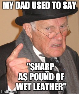 Back In My Day Meme | MY DAD USED TO SAY "SHARP AS POUND OF WET LEATHER" | image tagged in memes,back in my day | made w/ Imgflip meme maker