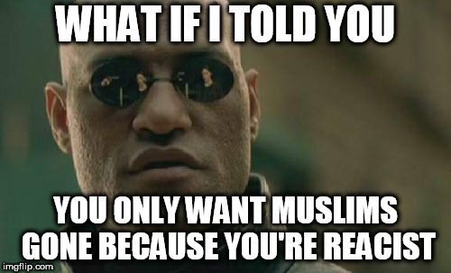 Matrix Morpheus Meme | WHAT IF I TOLD YOU; YOU ONLY WANT MUSLIMS GONE BECAUSE YOU'RE REACIST | image tagged in memes,matrix morpheus,muslim,muslims,racism,racist | made w/ Imgflip meme maker