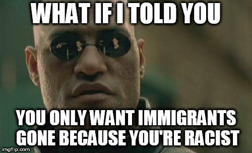 Matrix Morpheus Meme | WHAT IF I TOLD YOU; YOU ONLY WANT IMMIGRANTS GONE BECAUSE YOU'RE RACIST | image tagged in memes,matrix morpheus,immigrant,immigrants,immigration,racism | made w/ Imgflip meme maker