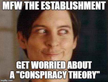 Spiderman Peter Parker Meme | MFW THE ESTABLISHMENT GET WORRIED ABOUT A "CONSPIRACY THEORY" | image tagged in memes,spiderman peter parker | made w/ Imgflip meme maker
