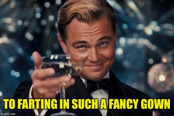Leonardo Dicaprio Cheers Meme | TO FARTING IN SUCH A FANCY GOWN | image tagged in memes,leonardo dicaprio cheers | made w/ Imgflip meme maker