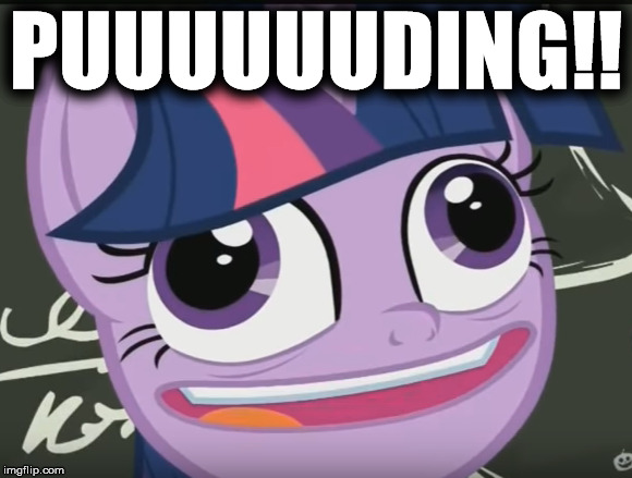 A pudding moment | PUUUUUUDING!! | image tagged in mlp,twilight sparkle | made w/ Imgflip meme maker
