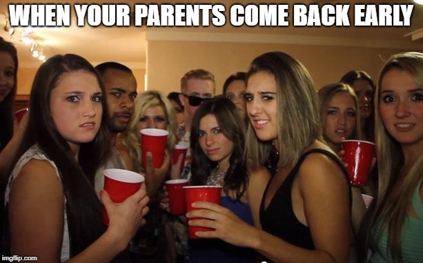 Awkward Party | WHEN YOUR PARENTS COME BACK EARLY | image tagged in awkward party | made w/ Imgflip meme maker