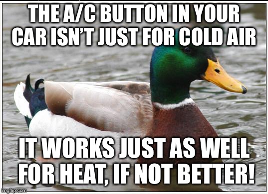 Actual Advice Mallard Meme | THE A/C BUTTON IN YOUR CAR ISN’T JUST FOR COLD AIR; IT WORKS JUST AS WELL FOR HEAT, IF NOT BETTER! | image tagged in memes,actual advice mallard | made w/ Imgflip meme maker