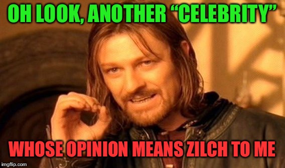 One Does Not Simply Meme | OH LOOK, ANOTHER “CELEBRITY” WHOSE OPINION MEANS ZILCH TO ME | image tagged in memes,one does not simply | made w/ Imgflip meme maker