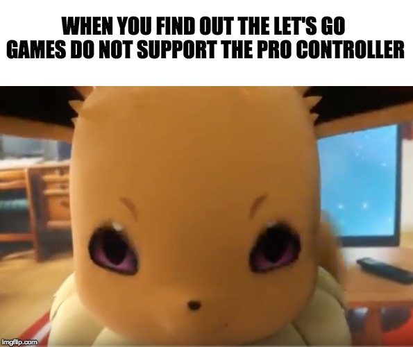 Eevee What??? meme | WHEN YOU FIND OUT THE LET'S GO GAMES DO NOT SUPPORT THE PRO CONTROLLER | image tagged in pokemon,pokemon go,pokemon go meme,funny meme,funny,too funny | made w/ Imgflip meme maker