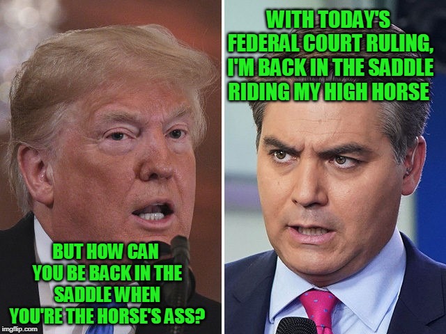 Horse Sense | WITH TODAY'S FEDERAL COURT RULING, I'M BACK IN THE SADDLE RIDING MY HIGH HORSE; BUT HOW CAN YOU BE BACK IN THE SADDLE WHEN YOU'RE THE HORSE'S ASS? | image tagged in jim acosta,president trump | made w/ Imgflip meme maker