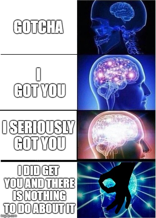 Expanding Brain Meme | GOTCHA; I GOT YOU; I SERIOUSLY GOT YOU; I DID GET YOU AND THERE IS NOTHING TO DO ABOUT IT | image tagged in memes,expanding brain | made w/ Imgflip meme maker