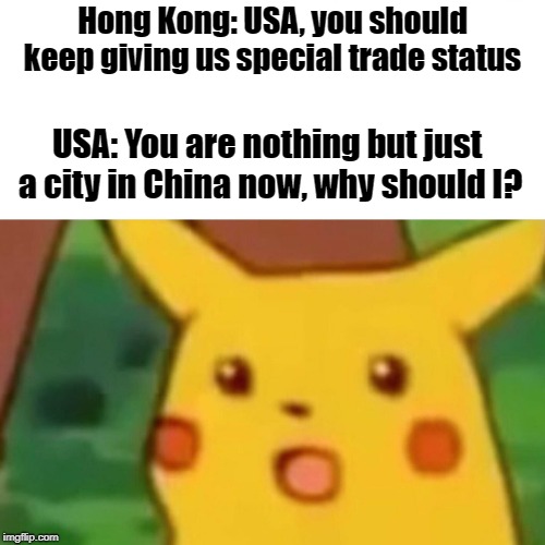 Surprised Pikachu | Hong Kong: USA, you should keep giving us special trade status; USA: You are nothing but just a city in China now, why should I? | image tagged in memes,surprised pikachu | made w/ Imgflip meme maker